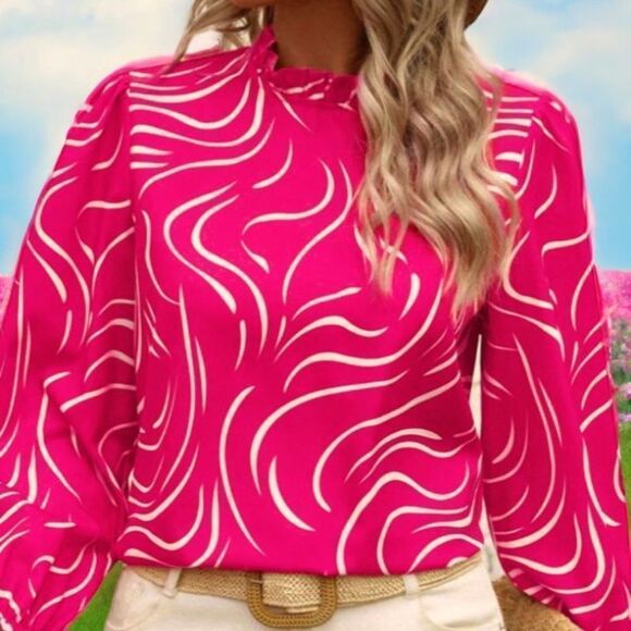SHEIN NEW HOT PINK LUNE ALLOVER PRINT FLOUNCE SLEEVE FULL NECK BLOUSE TOP LARGE - Picture 2 of 6